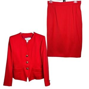 Vintage YSL Encore Size 10 Wool Two Piece Suit Red 90s Power Glam Office Bold